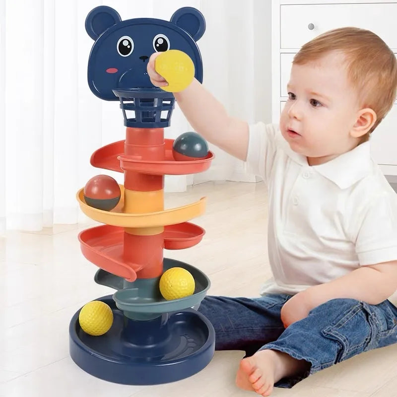 2-7 Ebenen Kugelbahn-Turm aus stapelbaren Schichten – Frühförderungsspielzeug für Babys, drehbare Bahn, pädagogisches Stapelspielzeug als Geschenk für Kinder